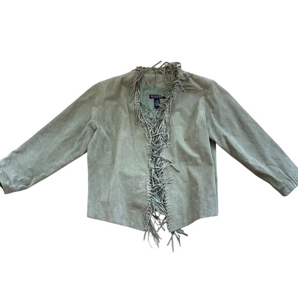 Vintage Dialogue Suede Leather Fringe Open Front Jacket Women's 2X Moss Green - Picture 2 of 8